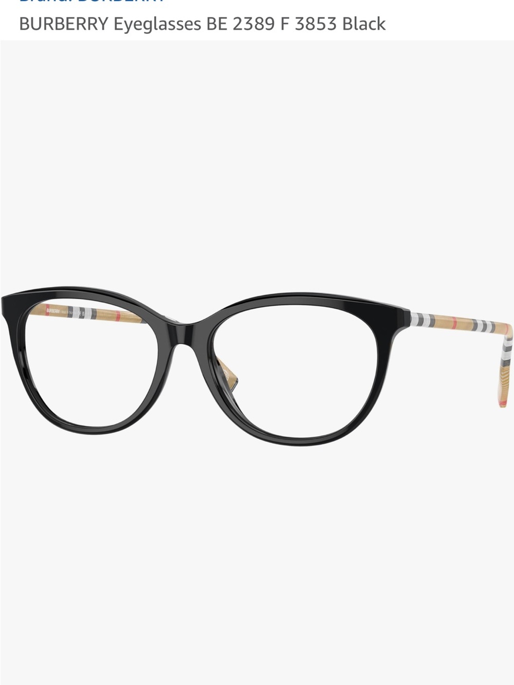 Burberry Black Cat-Eye Glasses with Signature Check Temples-lenses not included
